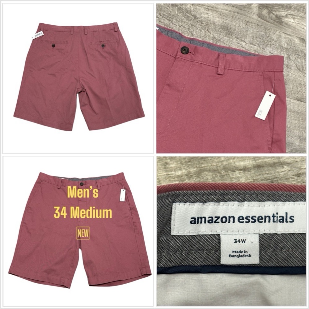 Men’s Amazon essential 34 Medium Golf Shorts Pink Rose Chino Khakis Classic Fit